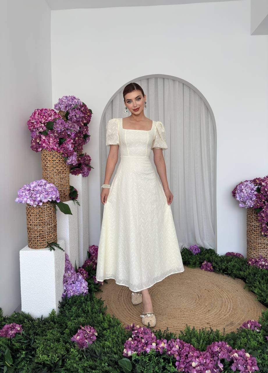 Puff Sleeve Dress in High Quality Embroidered Fabric Classic Feminine Design